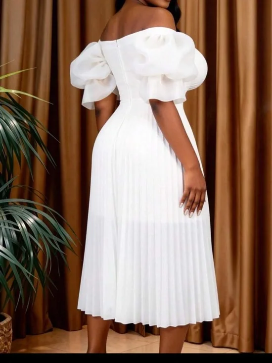 Off-Shoulder White Pleated Midi Dress with Statement Puff Sleeves - Picture 2 of 7